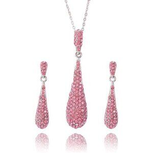 PINK Full Crystal Rhinestone Gem Tear Drop Pendant Necklace Earrings Jewelry Set